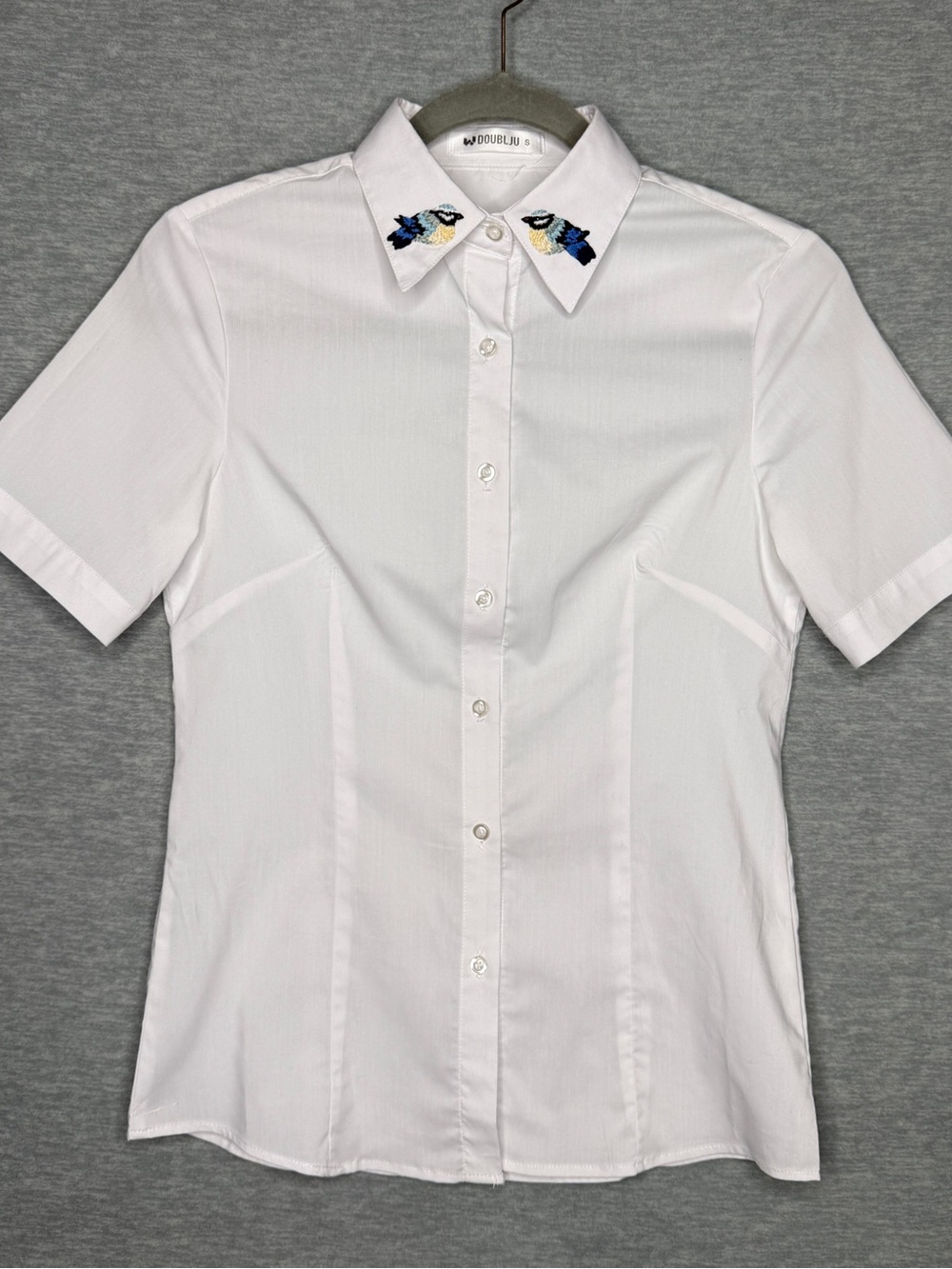 Doublju Womens Small White Button Down Shirt Embroidered Bird Collar